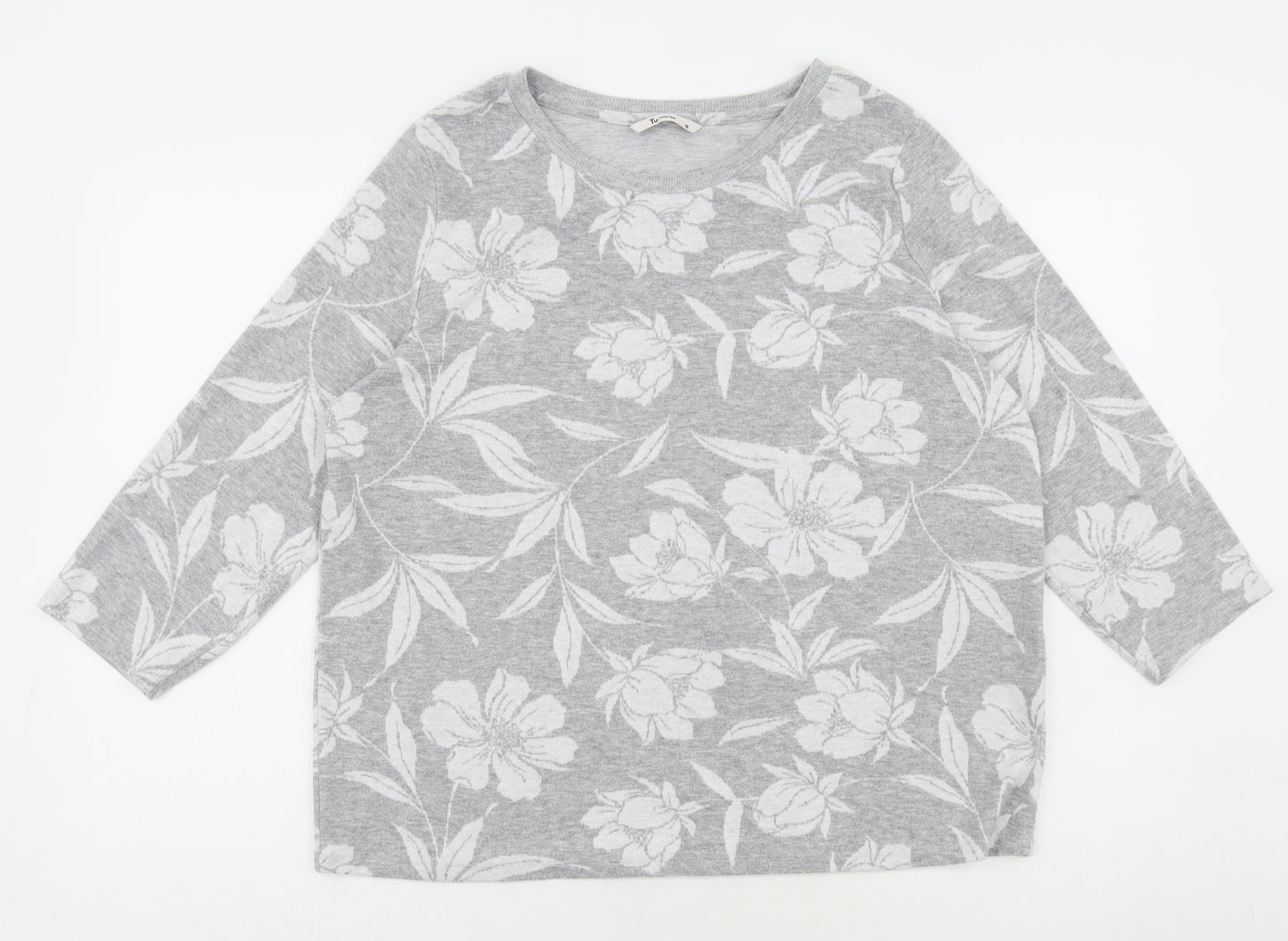 TU Womens Grey Floral Polyester Basic T-Shirt Size 16 Round Neck