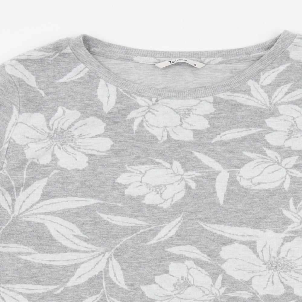 TU Womens Grey Floral Polyester Basic T-Shirt Size 16 Round Neck