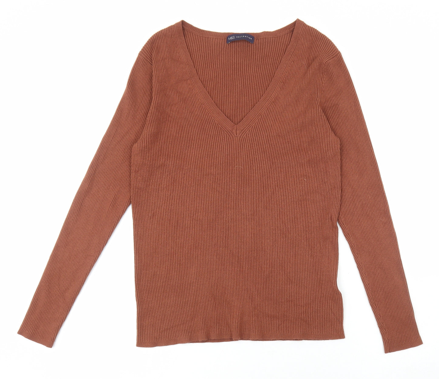 Marks and Spencer Womens Brown V-Neck Viscose Pullover Jumper Size 16