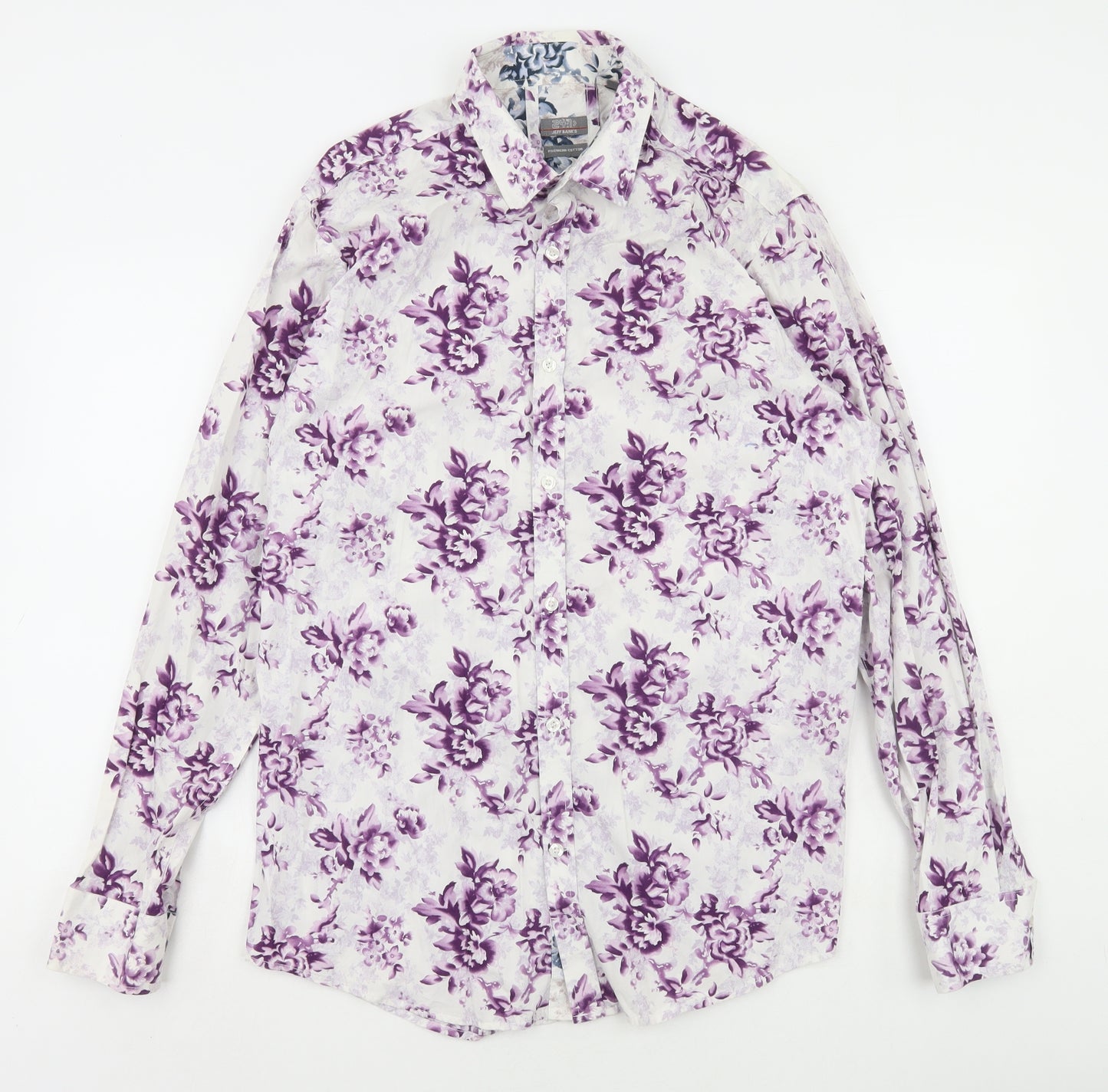 Jeff Banks Womens White Floral Cotton Basic Button-Up Size L Collared