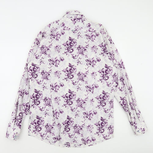 Jeff Banks Womens White Floral Cotton Basic Button-Up Size L Collared