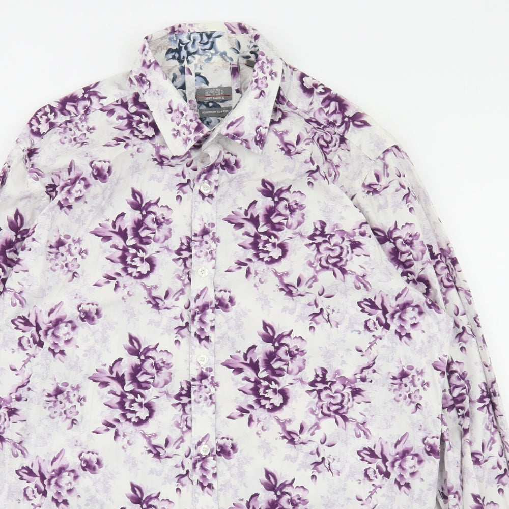 Jeff Banks Womens White Floral Cotton Basic Button-Up Size L Collared