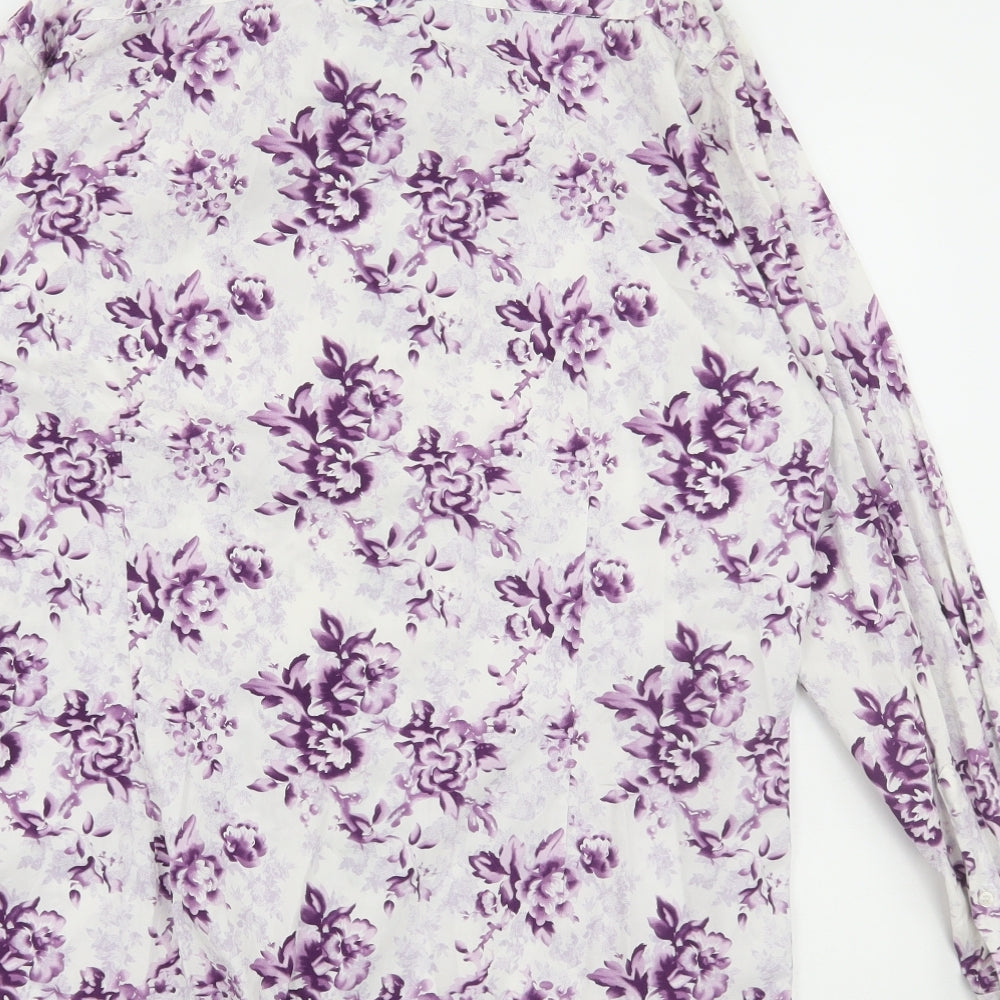 Jeff Banks Womens White Floral Cotton Basic Button-Up Size L Collared