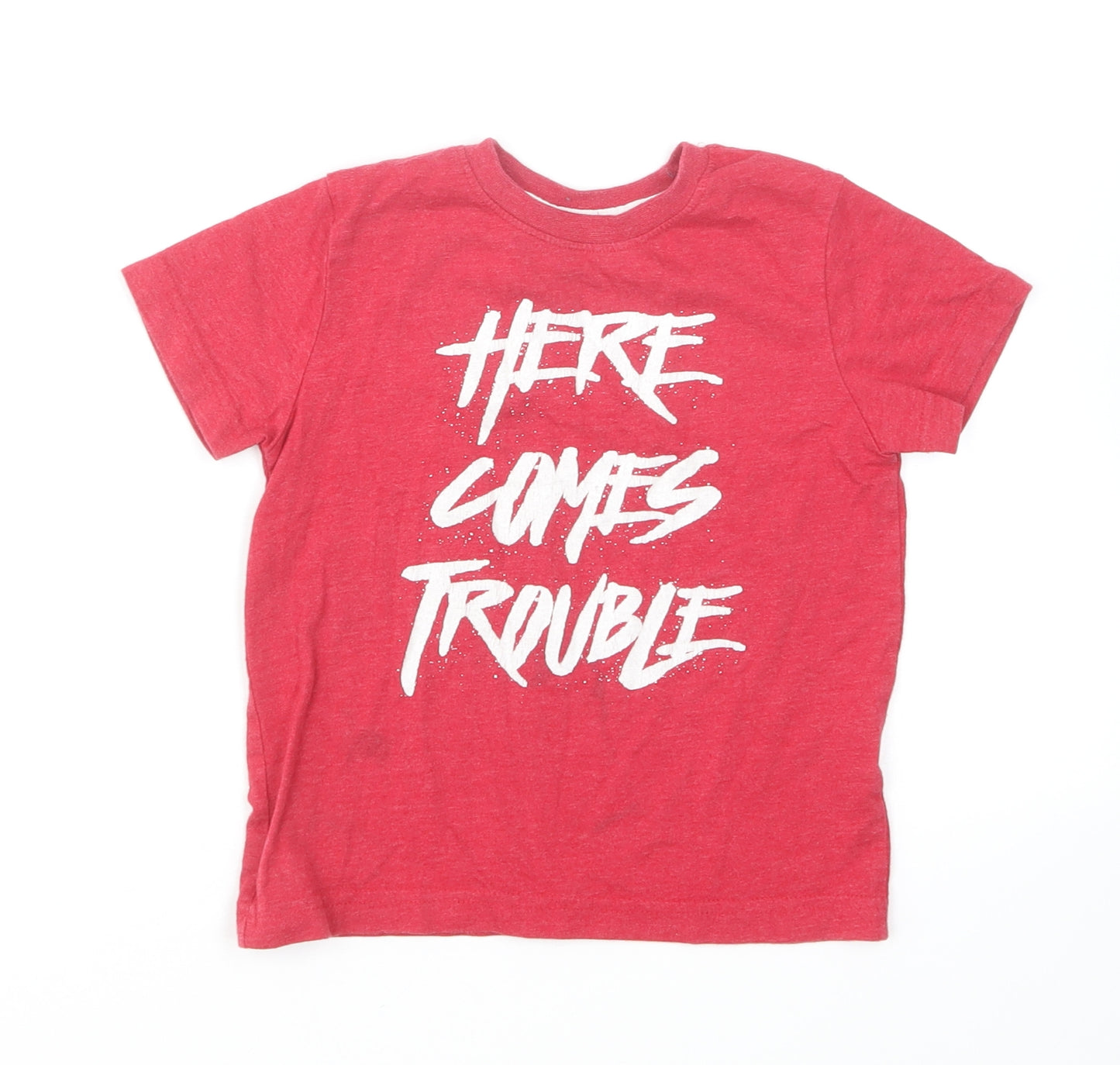 Primark Boys Red Cotton Basic T-Shirt Size 3-4 Years Round Neck - Here comes trouble