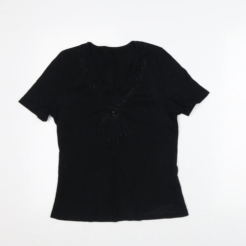 Preworn Womens Black Geometric Cotton Basic T-Shirt Size 14 V-Neck