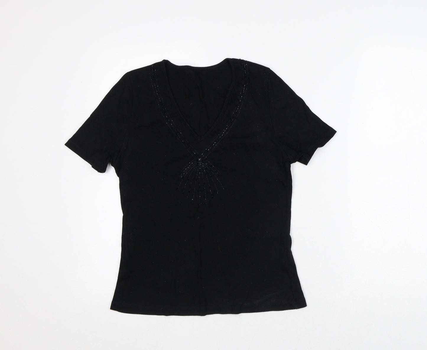 Preworn Womens Black Geometric Cotton Basic T-Shirt Size 14 V-Neck