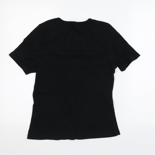 Preworn Womens Black Geometric Cotton Basic T-Shirt Size 14 V-Neck