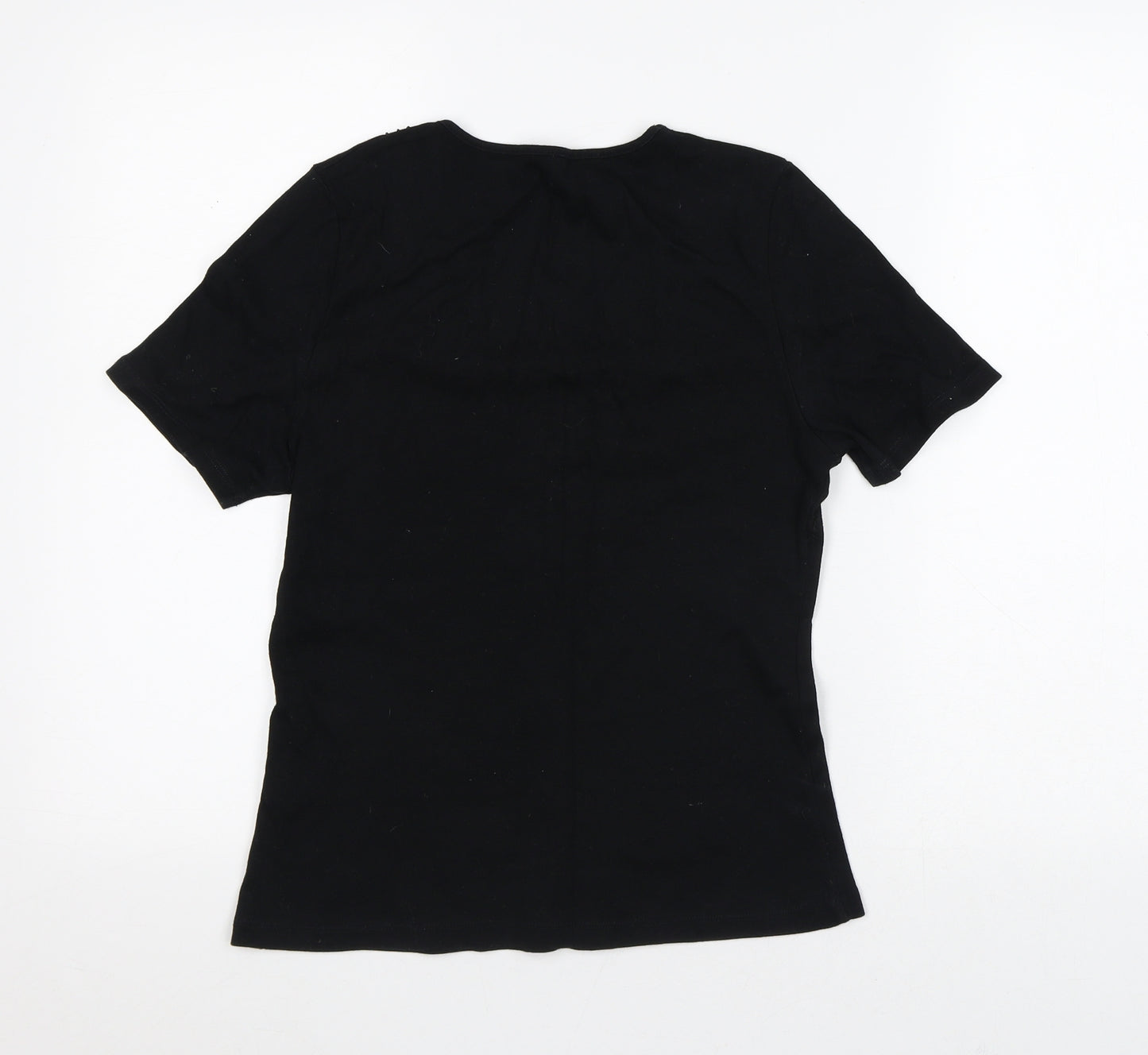 Preworn Womens Black Geometric Cotton Basic T-Shirt Size 14 V-Neck