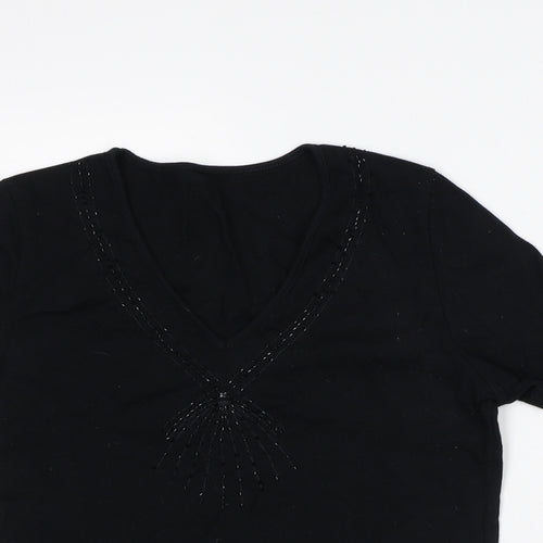 Preworn Womens Black Geometric Cotton Basic T-Shirt Size 14 V-Neck
