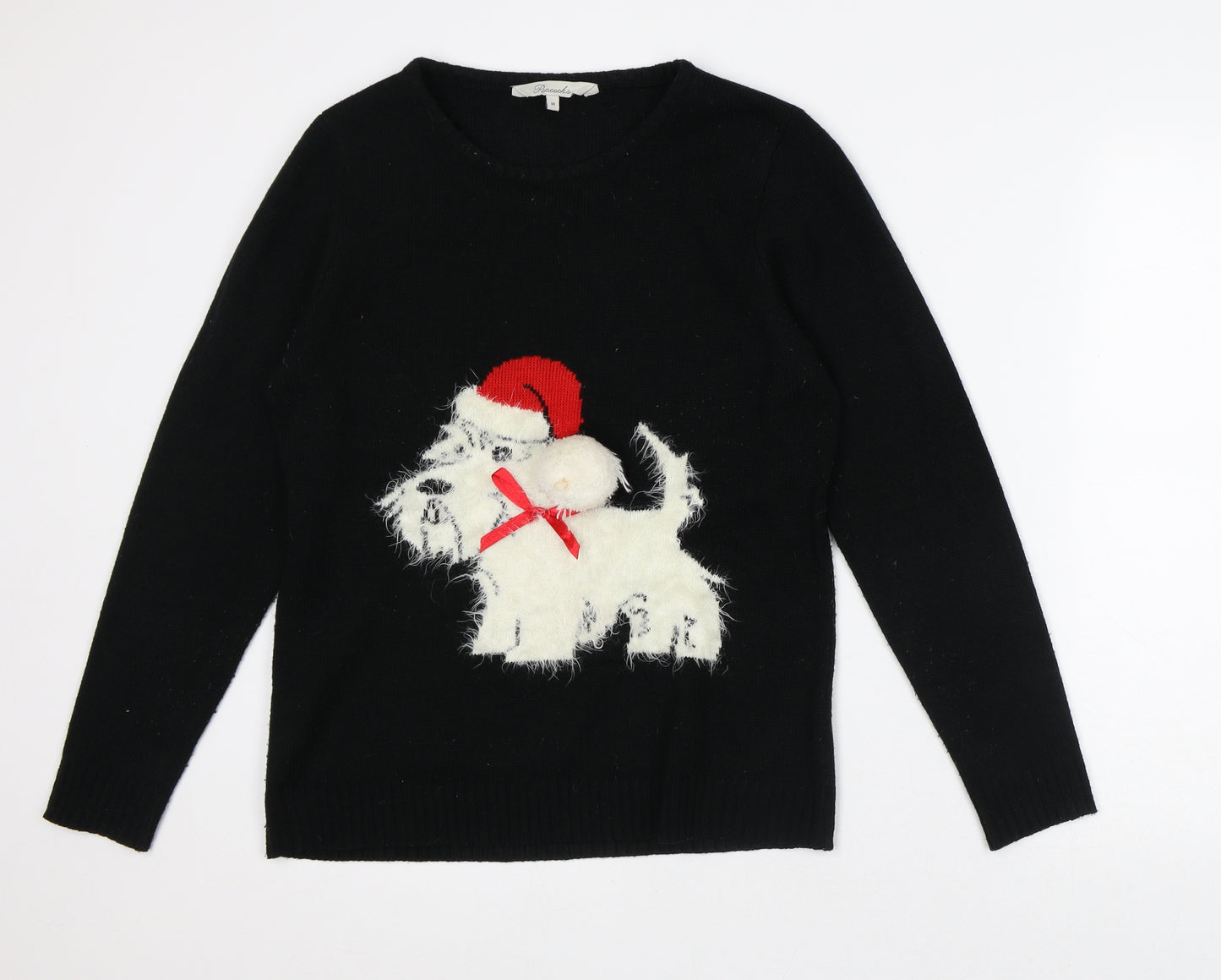 Peacocks Womens Black Round Neck Acrylic Pullover Jumper Size M - Scottie Dog