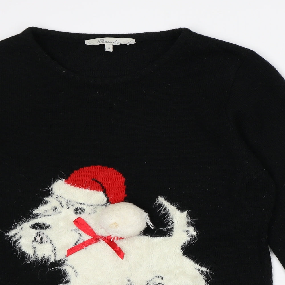 Peacocks Womens Black Round Neck Acrylic Pullover Jumper Size M - Scottie Dog