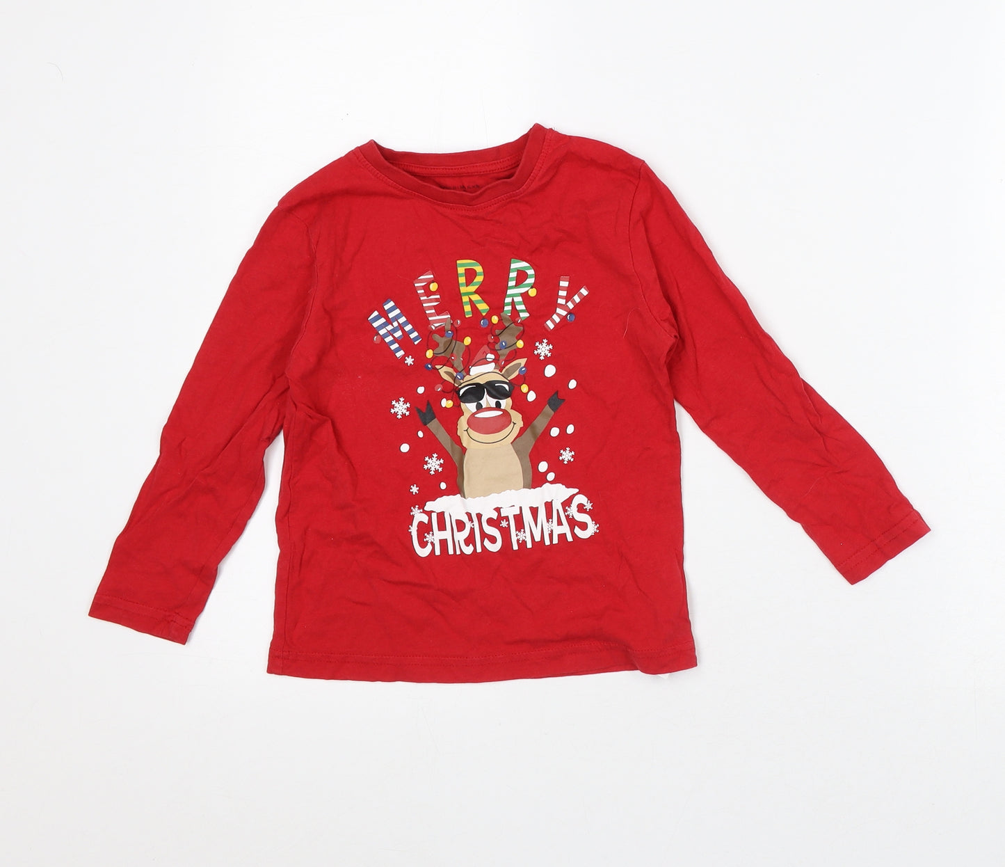Primark Girls Red Cotton Basic T-Shirt Size 4-5 Years Crew Neck - Christmas