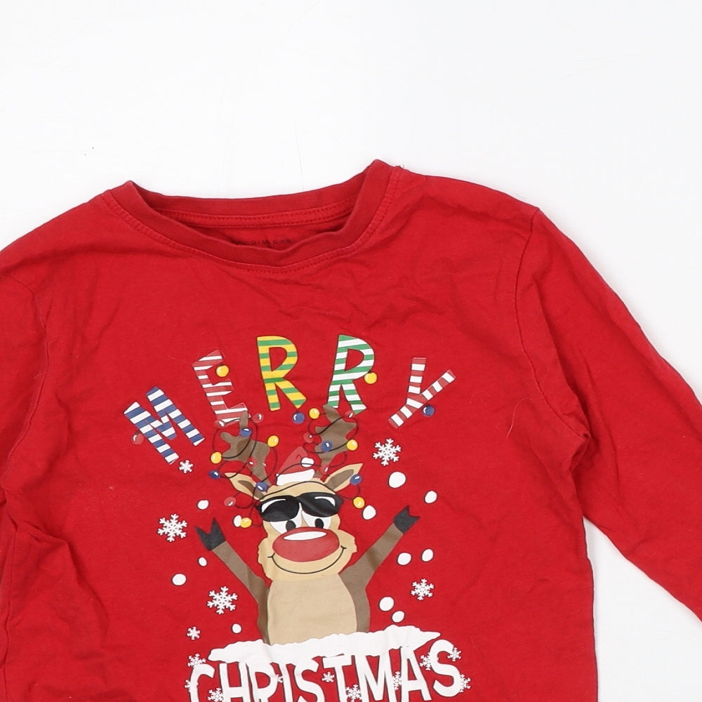 Primark Girls Red Cotton Basic T-Shirt Size 4-5 Years Crew Neck - Christmas