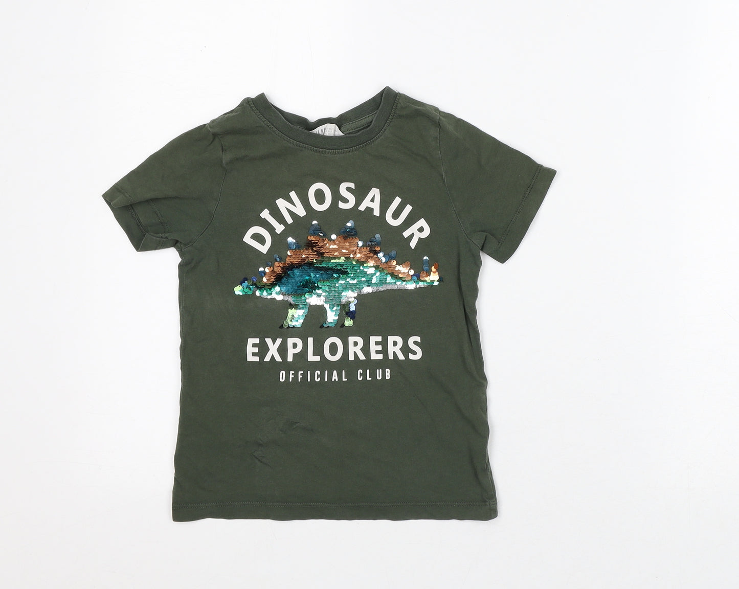 H&M Boys Green Cotton Basic T-Shirt Size 4-5 Years Crew Neck - Dinosaur