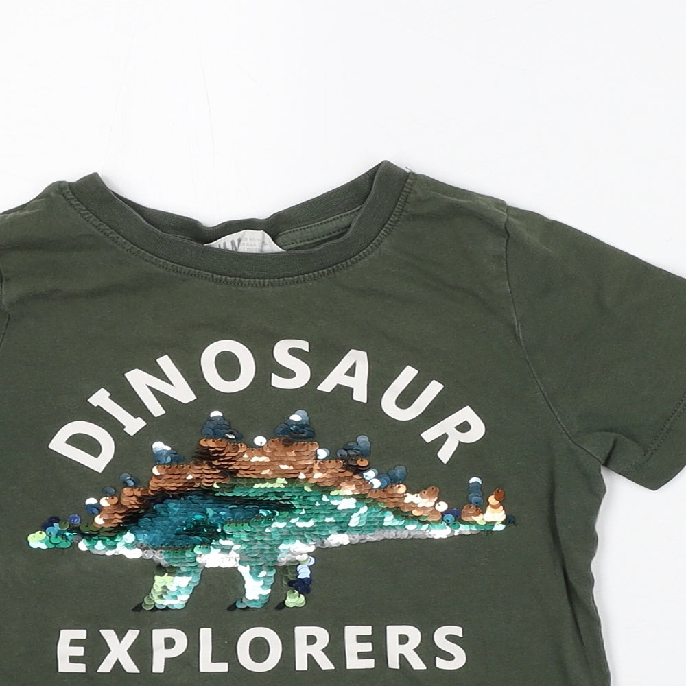 H&M Boys Green Cotton Basic T-Shirt Size 4-5 Years Crew Neck - Dinosaur