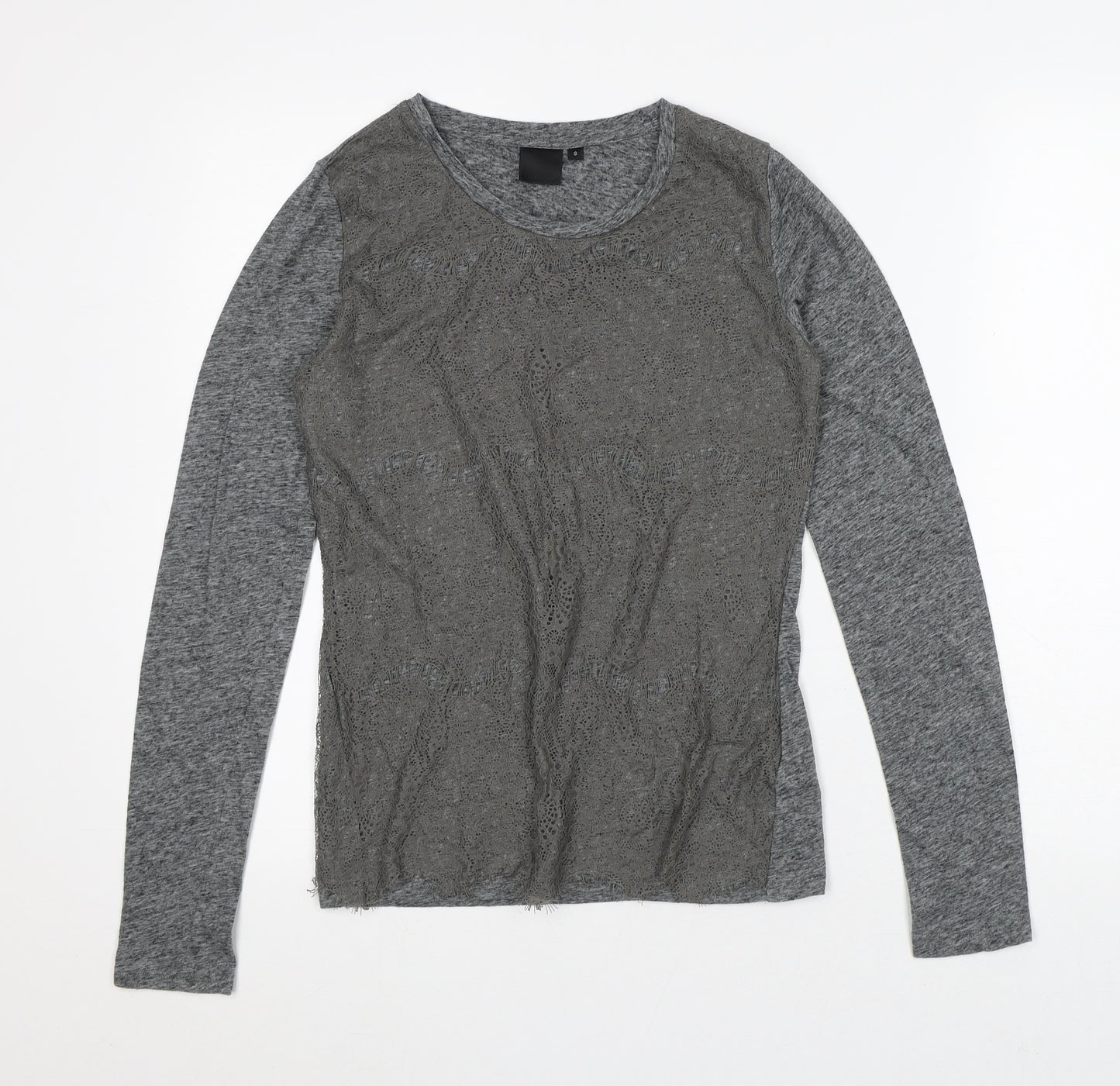 In Wear Womens Grey Geometric Linen Basic T-Shirt Size 12 Round Neck - Lace
