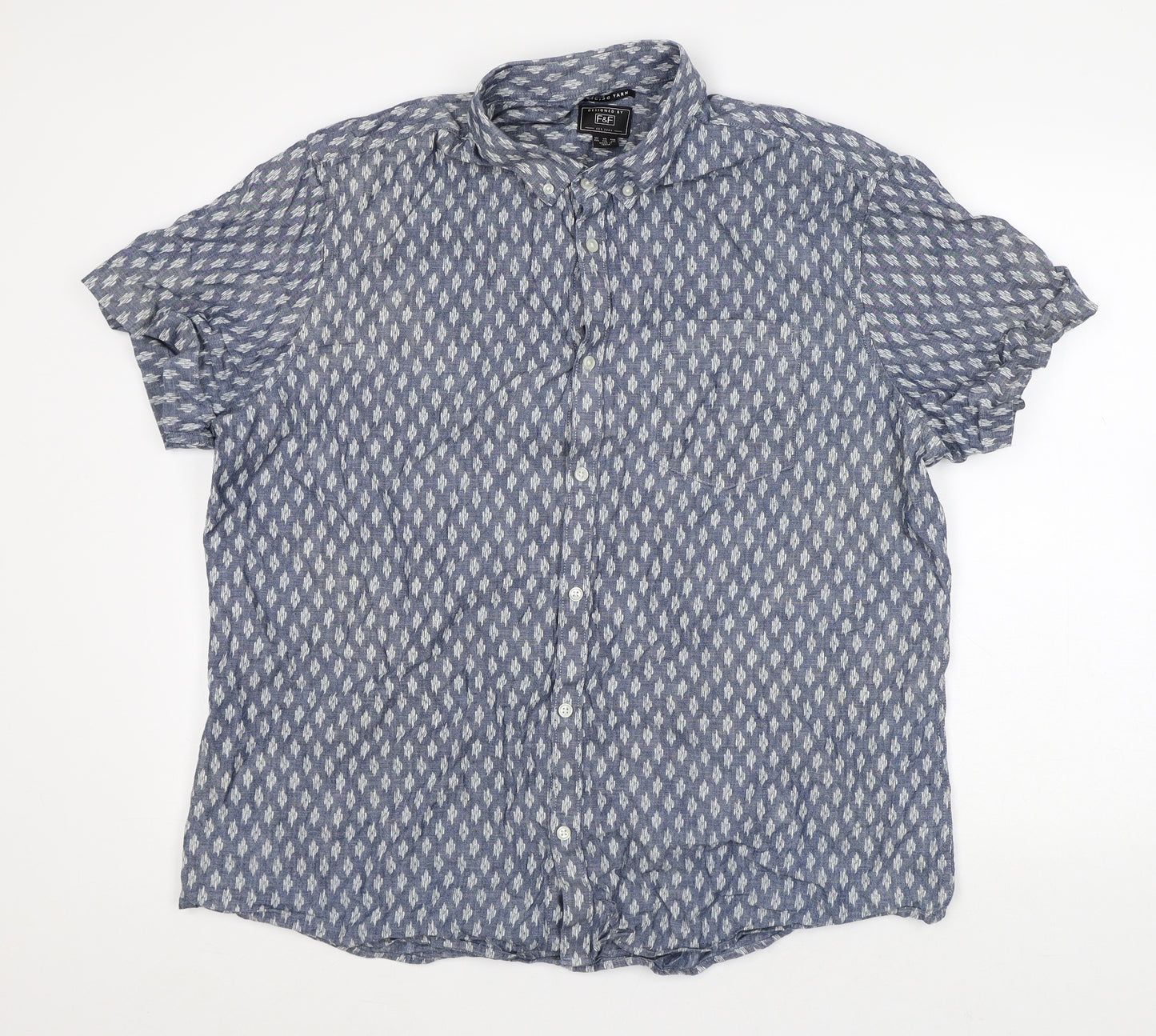 F&F Mens Blue Geometric Cotton Button-Up Size 2XL Collared