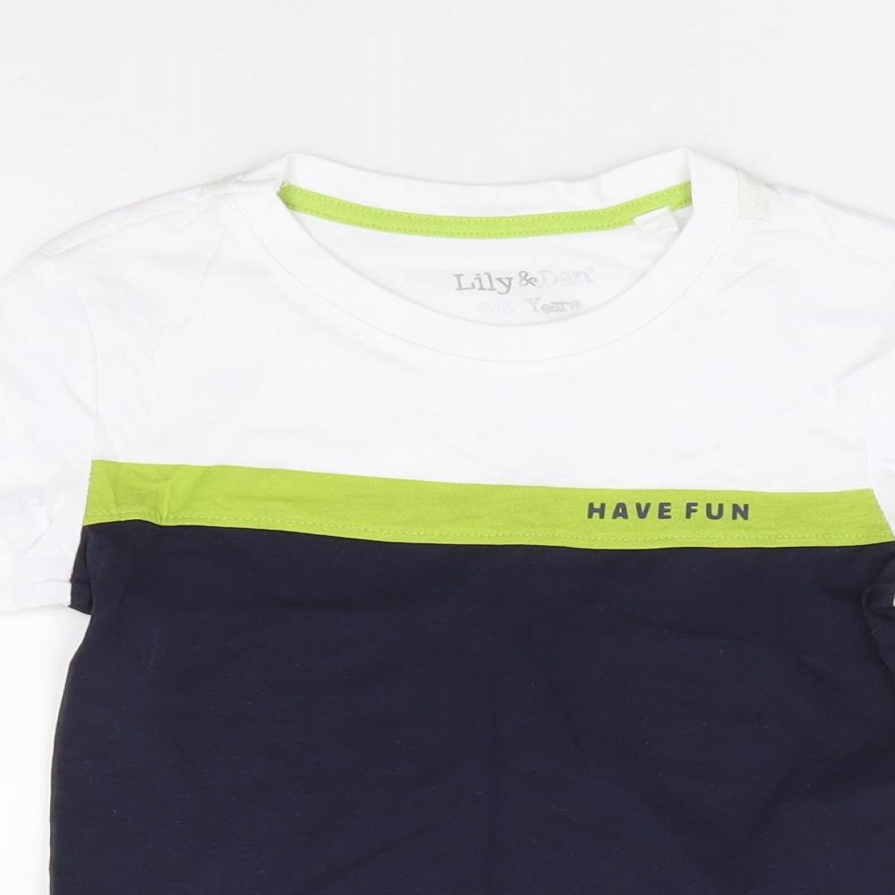 Lily & Dan Boys Blue Colourblock 100% Cotton Basic T-Shirt Size 5-6 Years Crew Neck Pullover