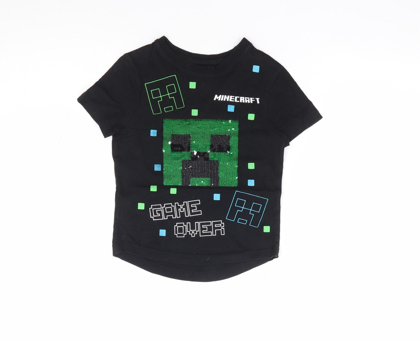 George Boys Black Geometric 100% Cotton Jersey T-Shirt Size 4-5 Years Crew Neck Pullover - Minecraft