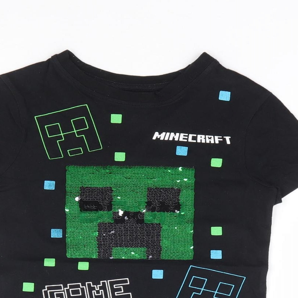 George Boys Black Geometric 100% Cotton Jersey T-Shirt Size 4-5 Years Crew Neck Pullover - Minecraft