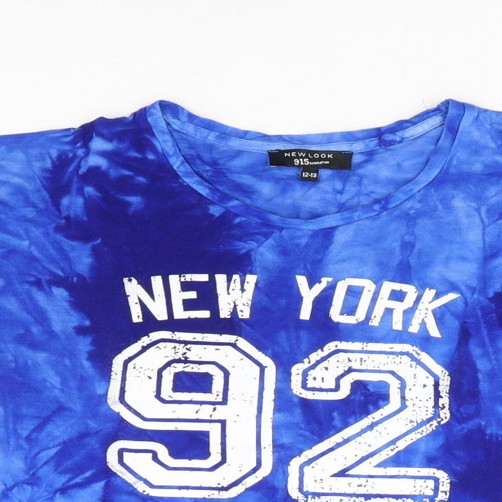 New Look Girls Blue Viscose Cropped T-Shirt Size 12-13 Years Round Neck Pullover