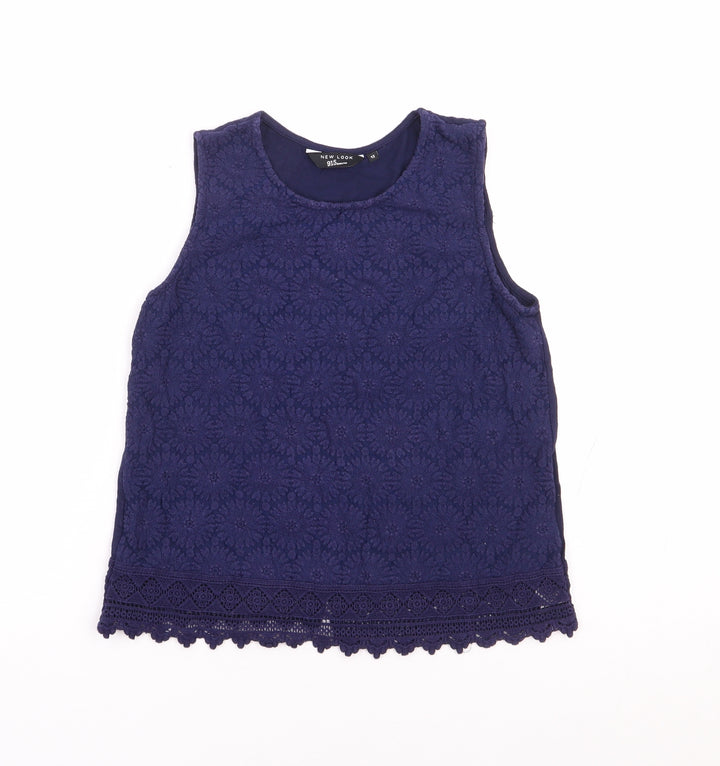 New Look Girls Blue Floral Cotton Jersey Tank Size 12 Years Round Neck Pullover