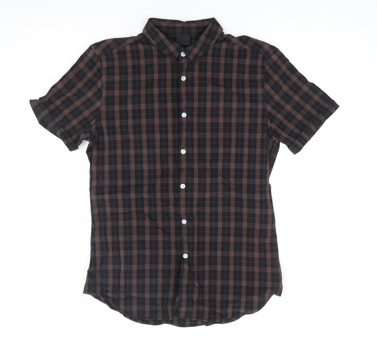 ASOS Mens Brown Plaid Cotton Button-Up Size L Collared Button