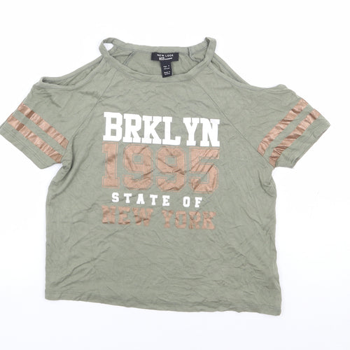 New Look Girls Green Viscose Jersey T-Shirt Size 9 Years Round Neck Pullover - Cold Shoulder
