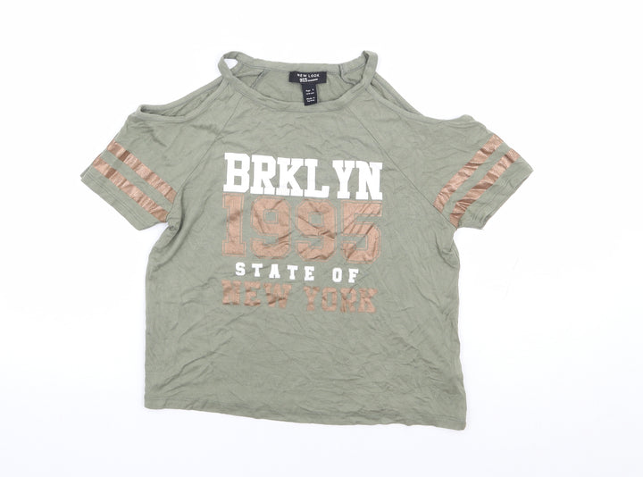 New Look Girls Green Viscose Jersey T-Shirt Size 9 Years Round Neck Pullover - Cold Shoulder