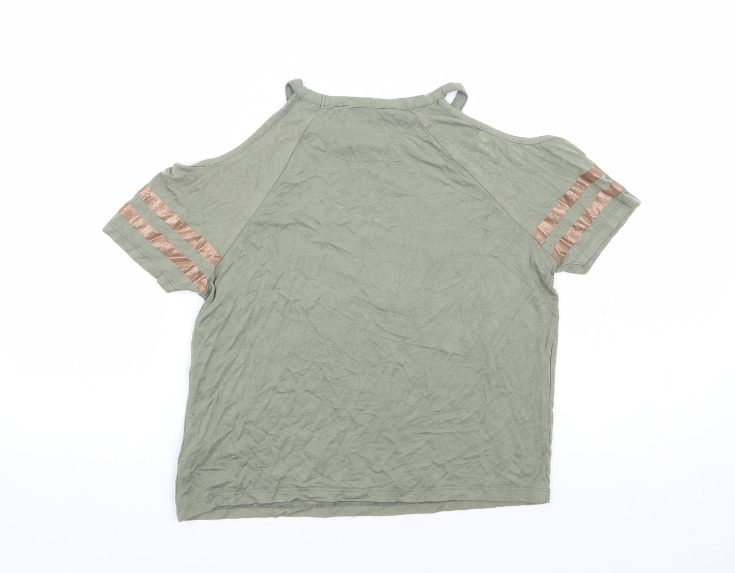 New Look Girls Green Viscose Jersey T-Shirt Size 9 Years Round Neck Pullover - Cold Shoulder