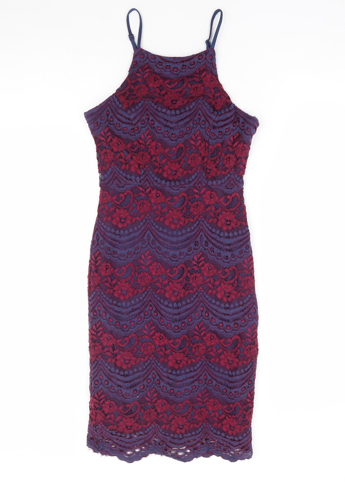 New Look Womens Multicoloured Floral Nylon Bodycon Size 8 Square Neck Zip