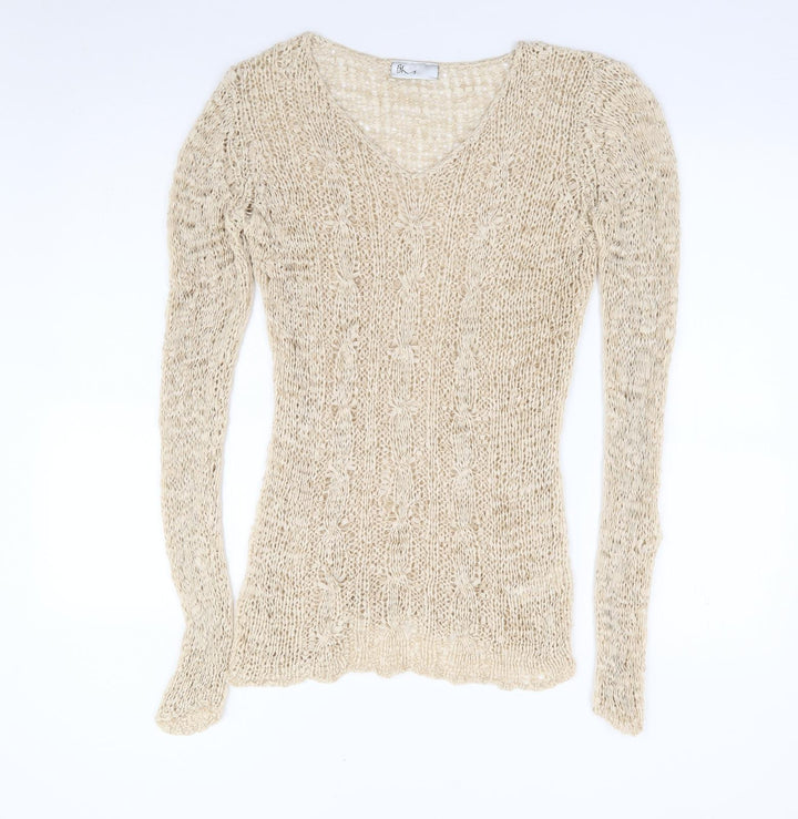 BHS Womens Beige V-Neck Acrylic Pullover Jumper Size 14