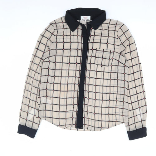 NEXT Womens Brown Check Polyester Jersey Button-Up Size 10 Collared