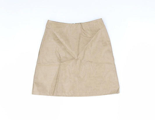Front view of Primark women’s beige geometric polyurethane mini skirt, size UK 4, zip