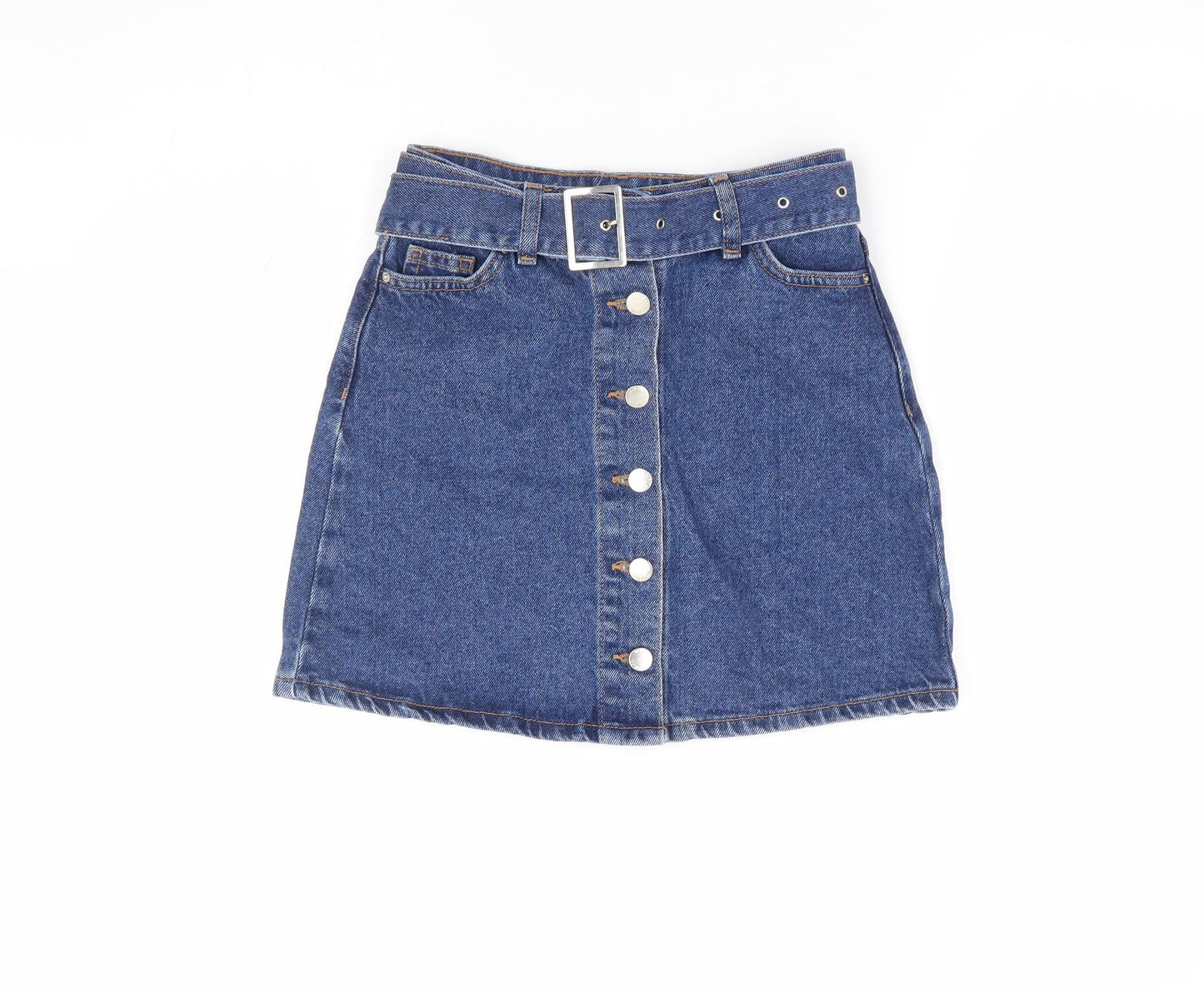Primark Womens Blue Cotton Mini Skirt Size 4 Button