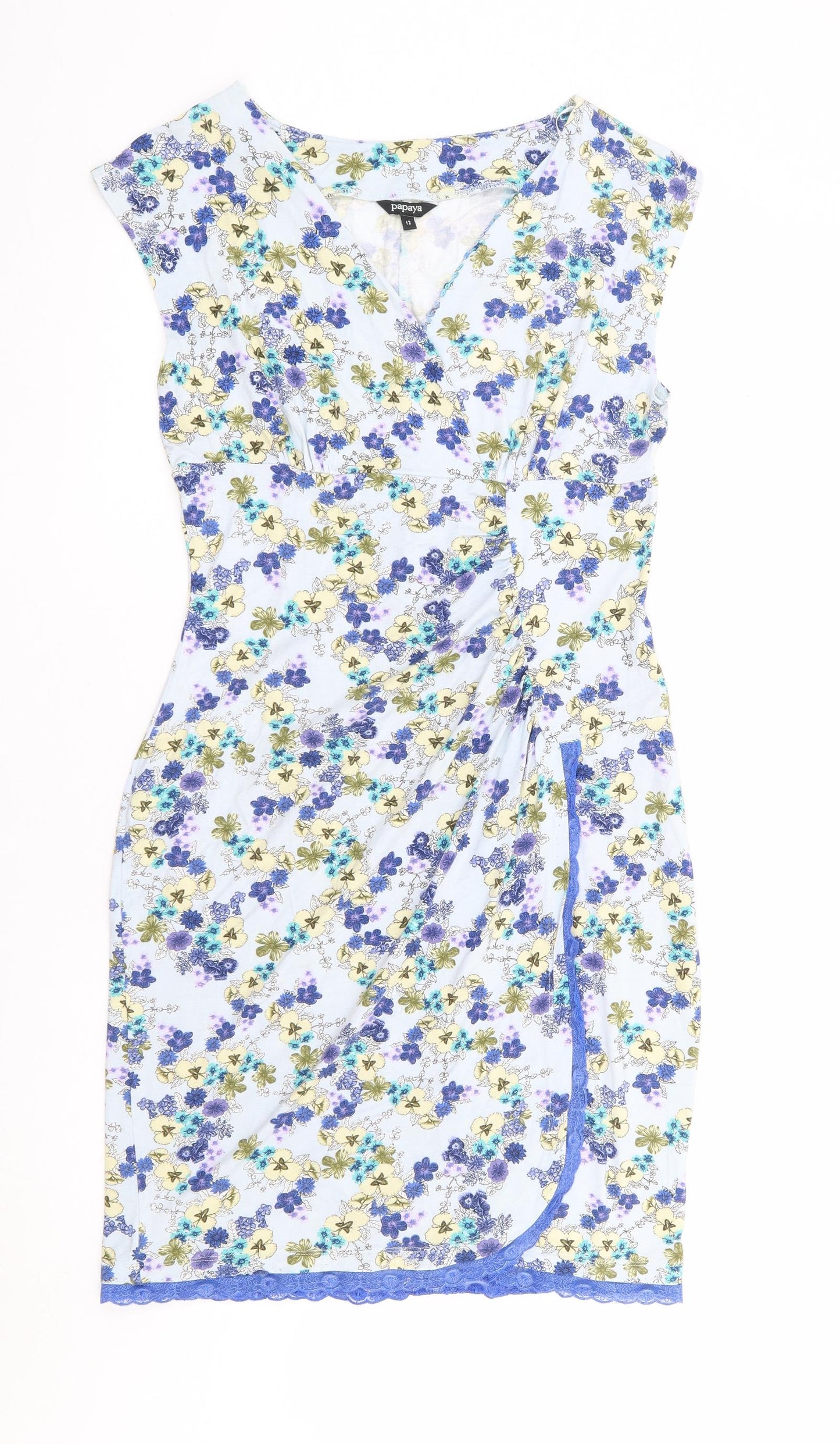 Papaya Womens Blue Floral Viscose Wrap Dress Size 12 V-Neck Pullover