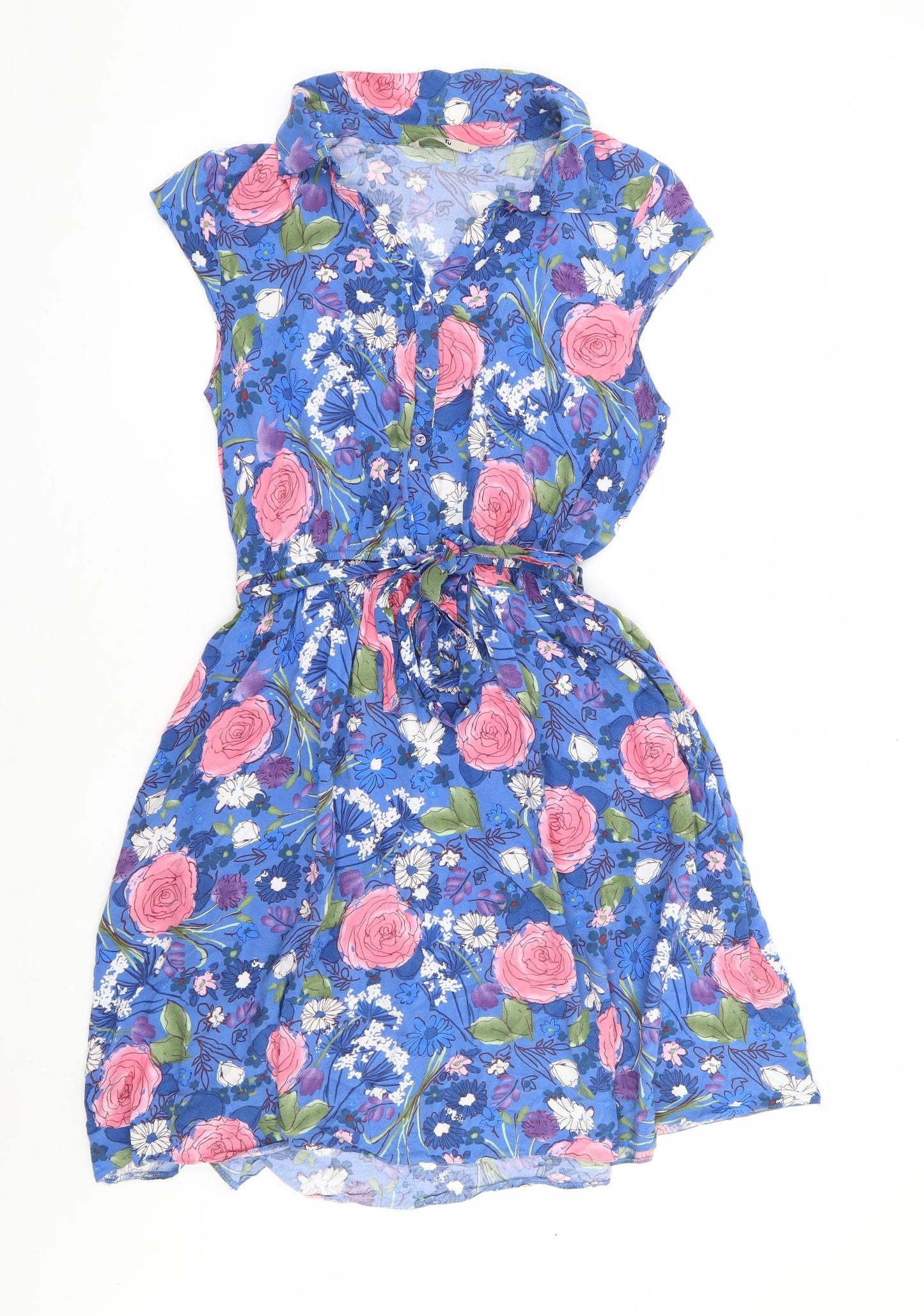 TU Womens Multicoloured Floral Viscose Shirt Dress Size 14 V-Neck Button
