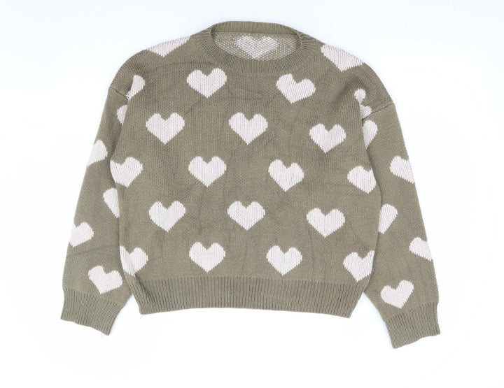 SheIn Womens Green Round Neck Geometric Acrylic Pullover Jumper Size S - Heart