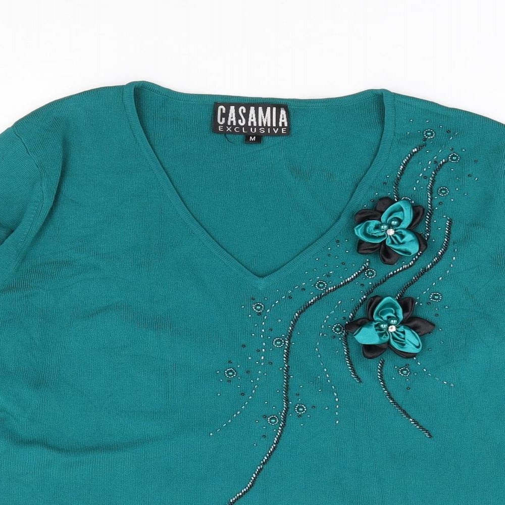 Casamia Womens Green V-Neck Floral Viscose Pullover Jumper Size M