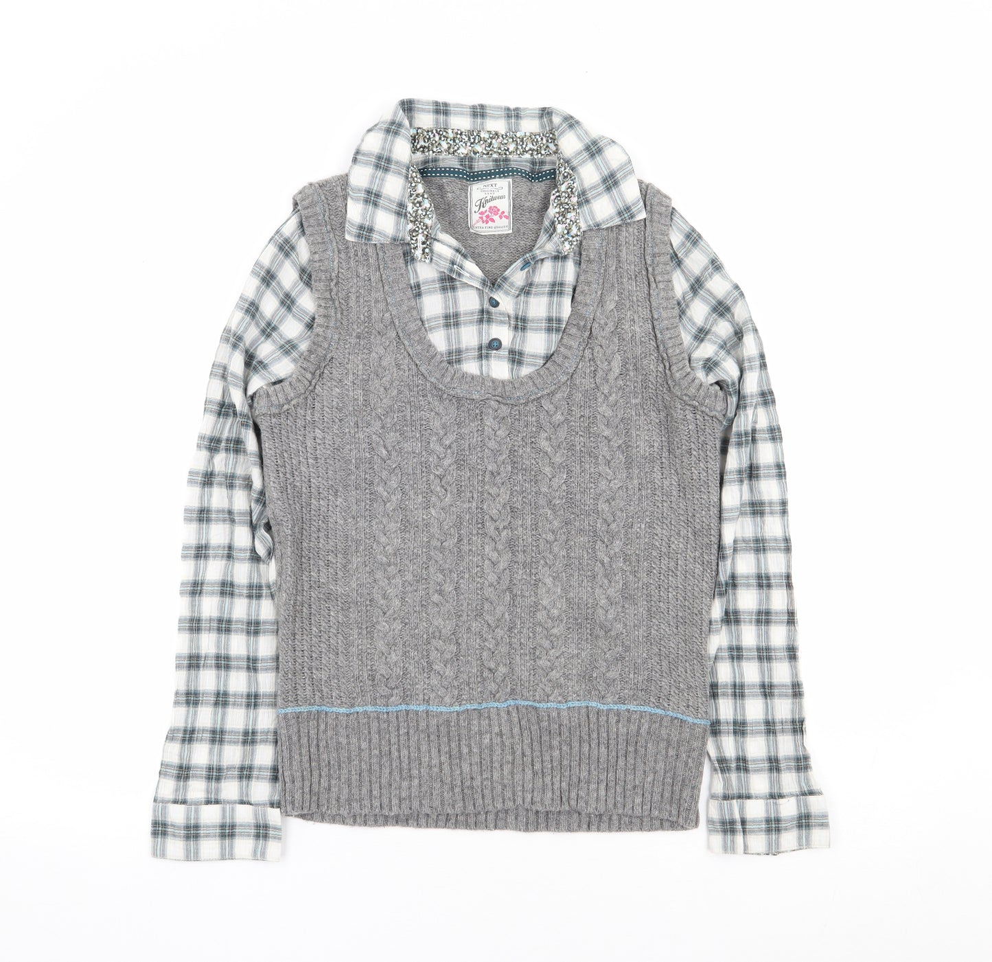 NEXT Womens Grey Collared Plaid Wool Pullover Jumper Size 16