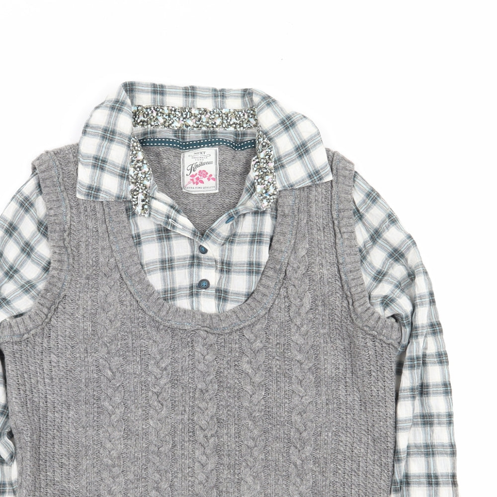 NEXT Womens Grey Collared Plaid Wool Pullover Jumper Size 16