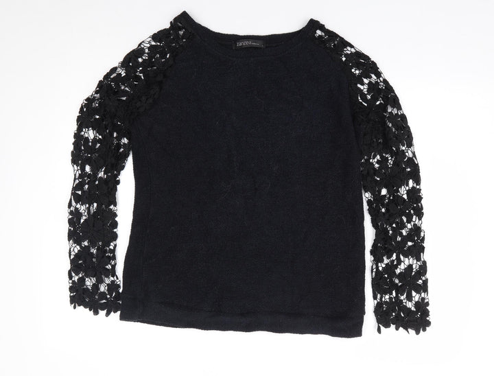 Zanzea Womens Black Round Neck Floral Polyester Pullover Jumper Size L