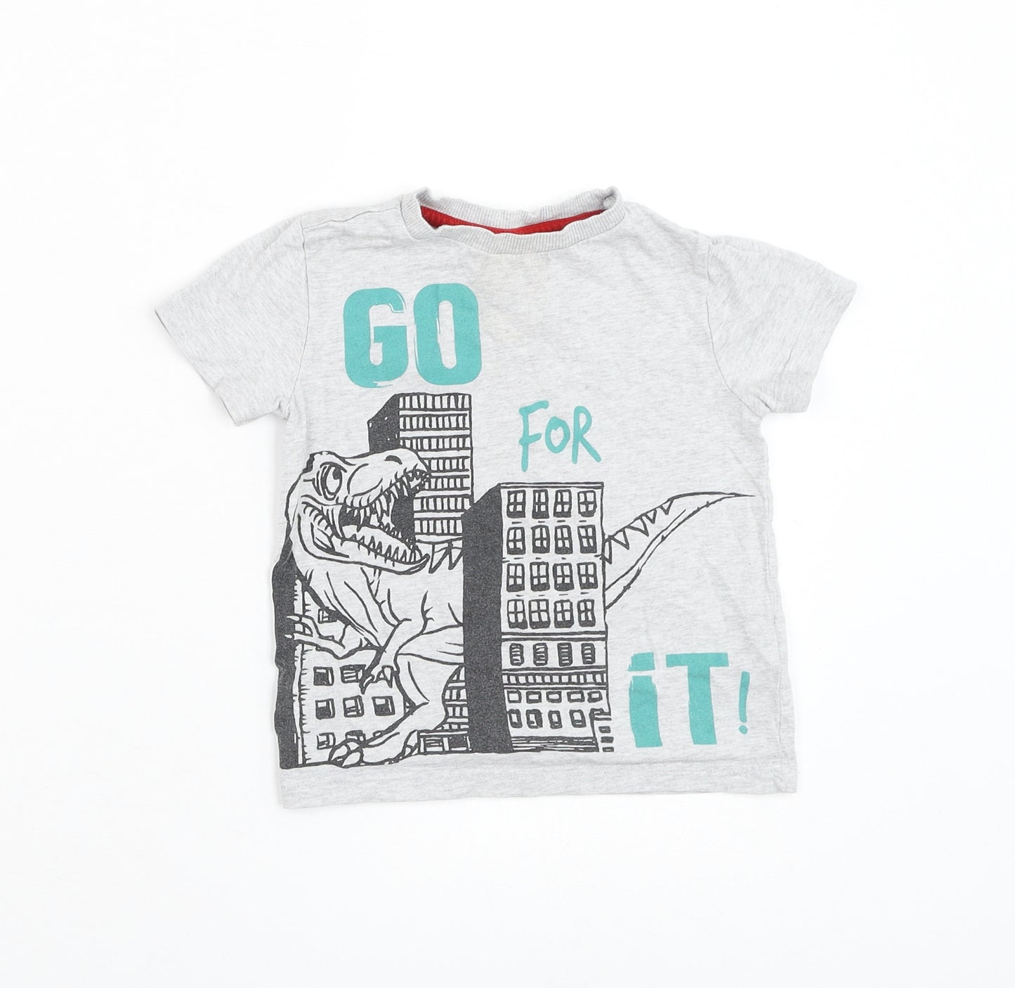 F&F Boys Grey Cotton Basic T-Shirt Size 2-3 Years Round Neck Pullover - Dinosaur