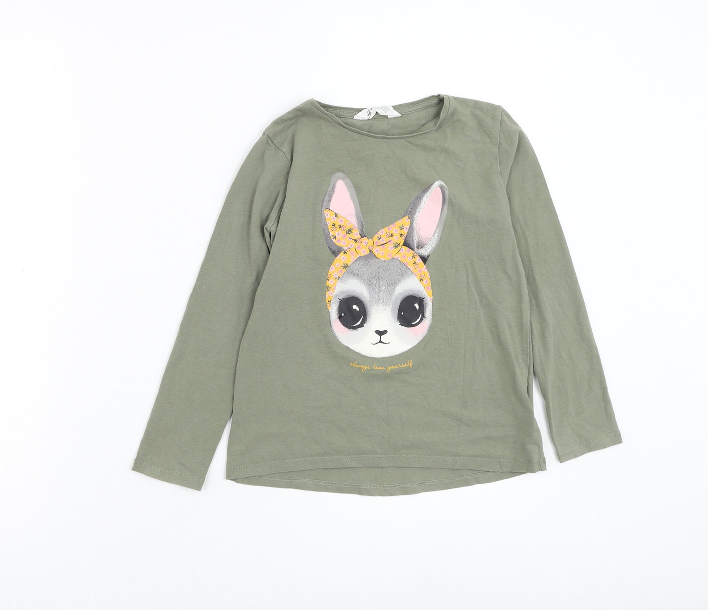 H&M Girls Green Cotton Basic T-Shirt Size 6-7 Years Round Neck Pullover - Rabbit