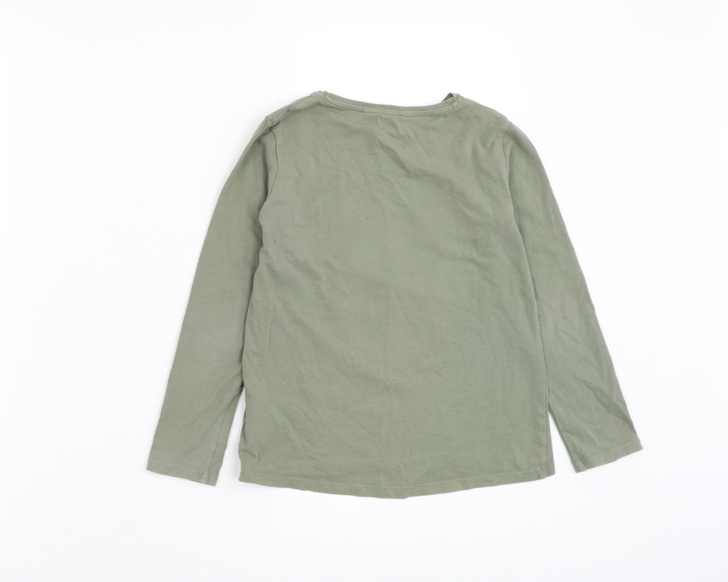 H&M Girls Green Cotton Basic T-Shirt Size 6-7 Years Round Neck Pullover - Rabbit