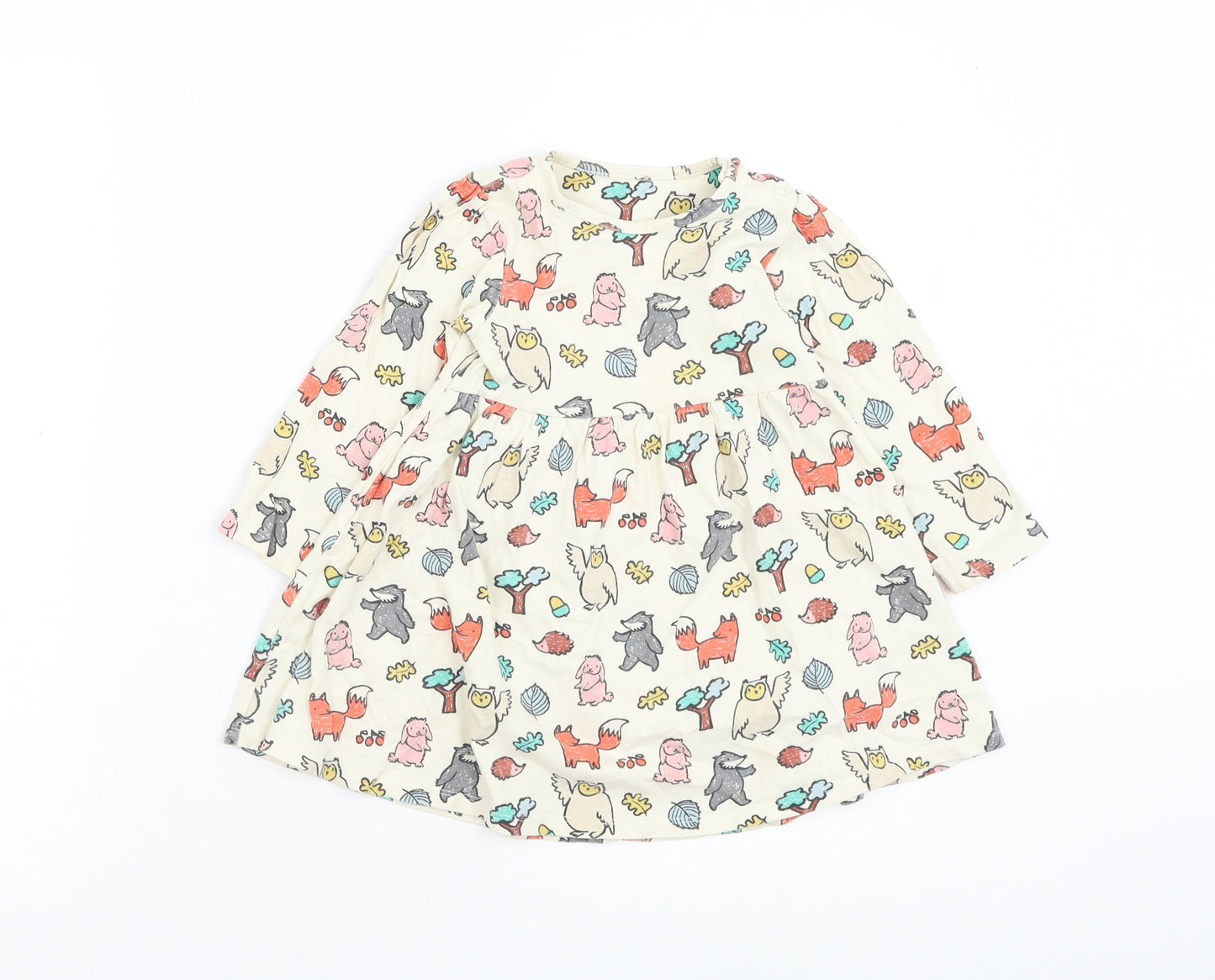 Marks and Spencer Girls Ivory Cotton Skater Dress Size 2-3 Years Round Neck Pullover - Animal