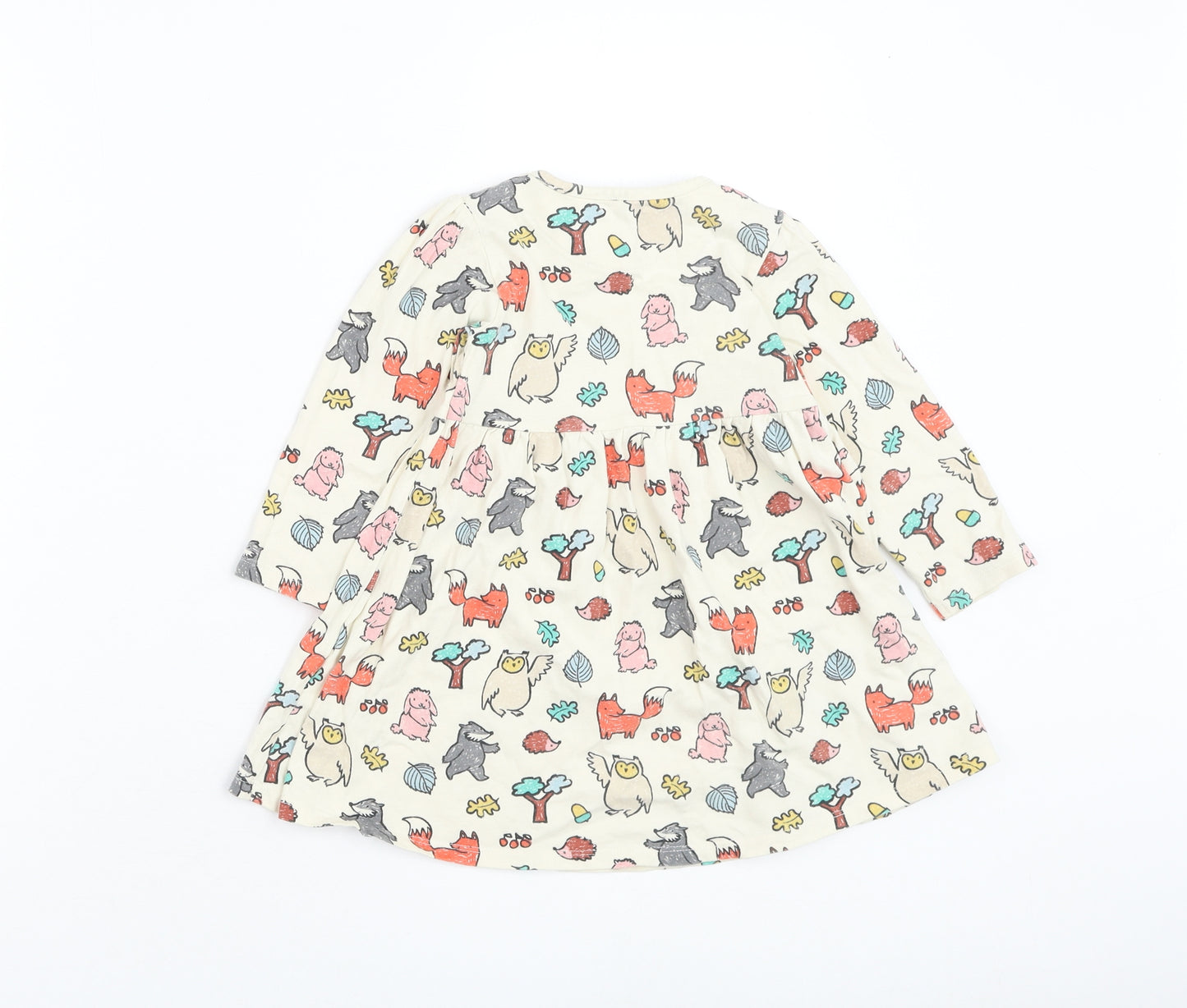 Marks and Spencer Girls Ivory Cotton Skater Dress Size 2-3 Years Round Neck Pullover - Animal