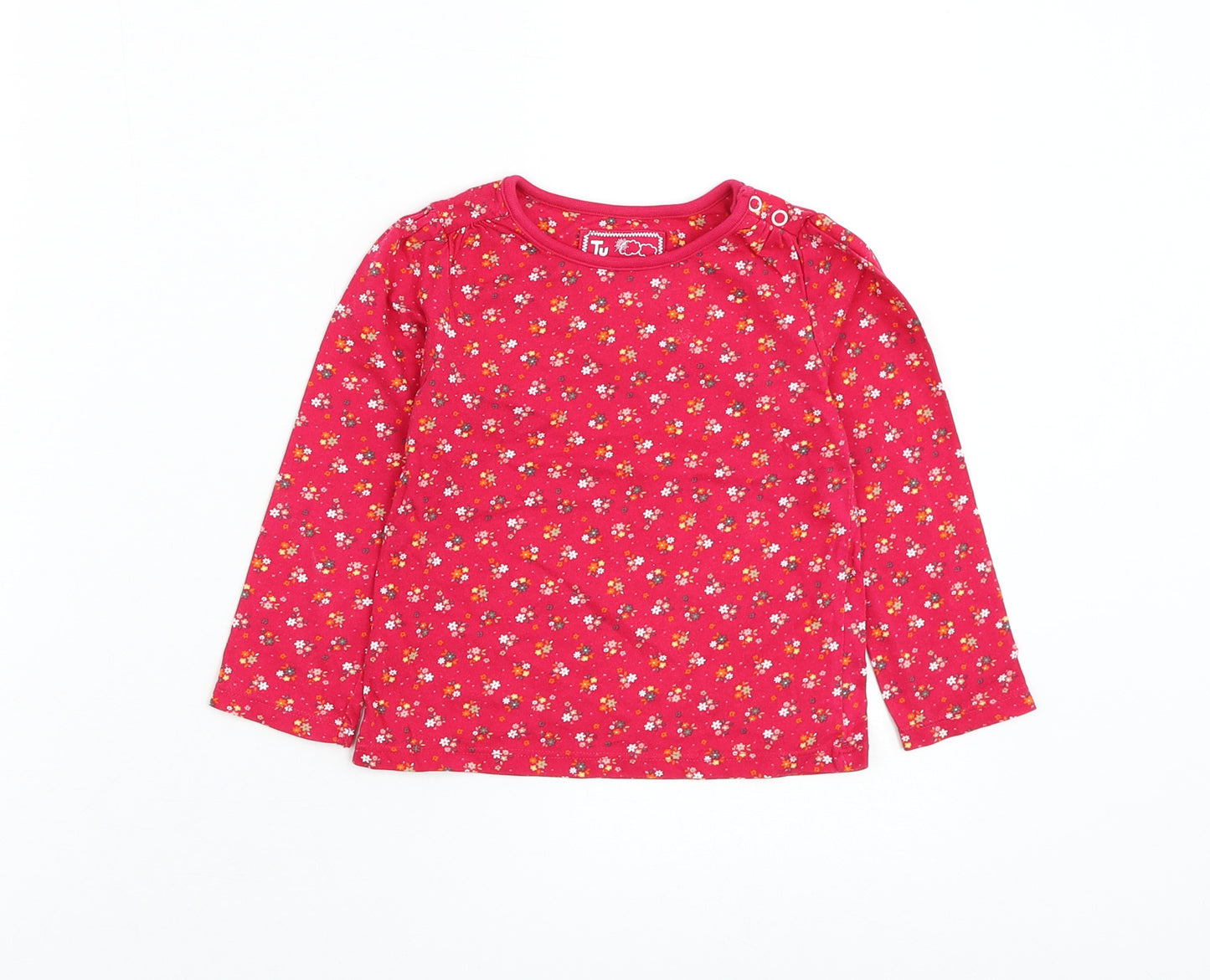 TU Girls Pink Floral Cotton Basic T-Shirt Size 18-24 Months Round Neck Pullover