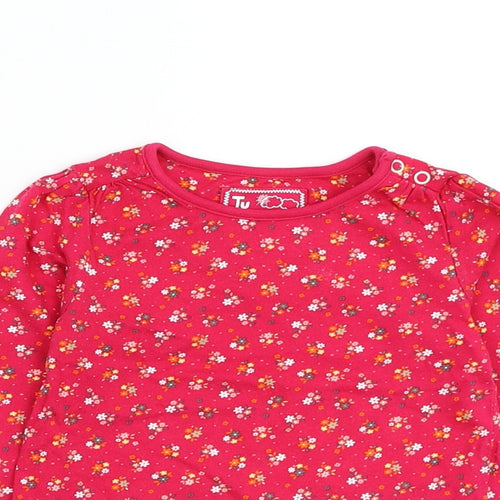 TU Girls Pink Floral Cotton Basic T-Shirt Size 18-24 Months Round Neck Pullover