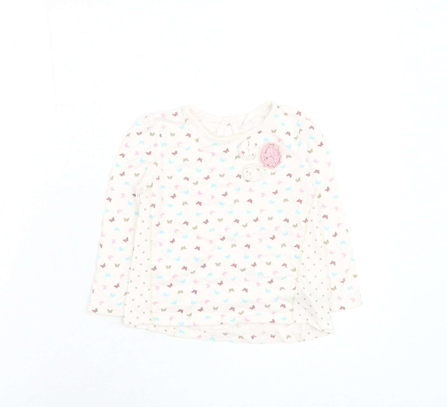 TU Girls White Floral Cotton Basic T-Shirt Size 12-18 Months Round Neck Pullover